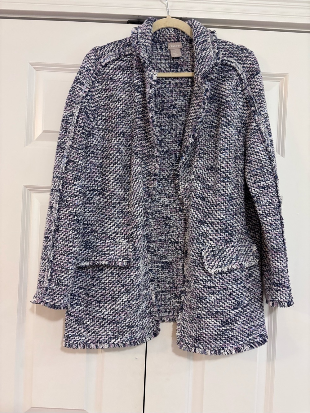 Chico's Heathered Navy & White Bouclé Open-Front Jacket